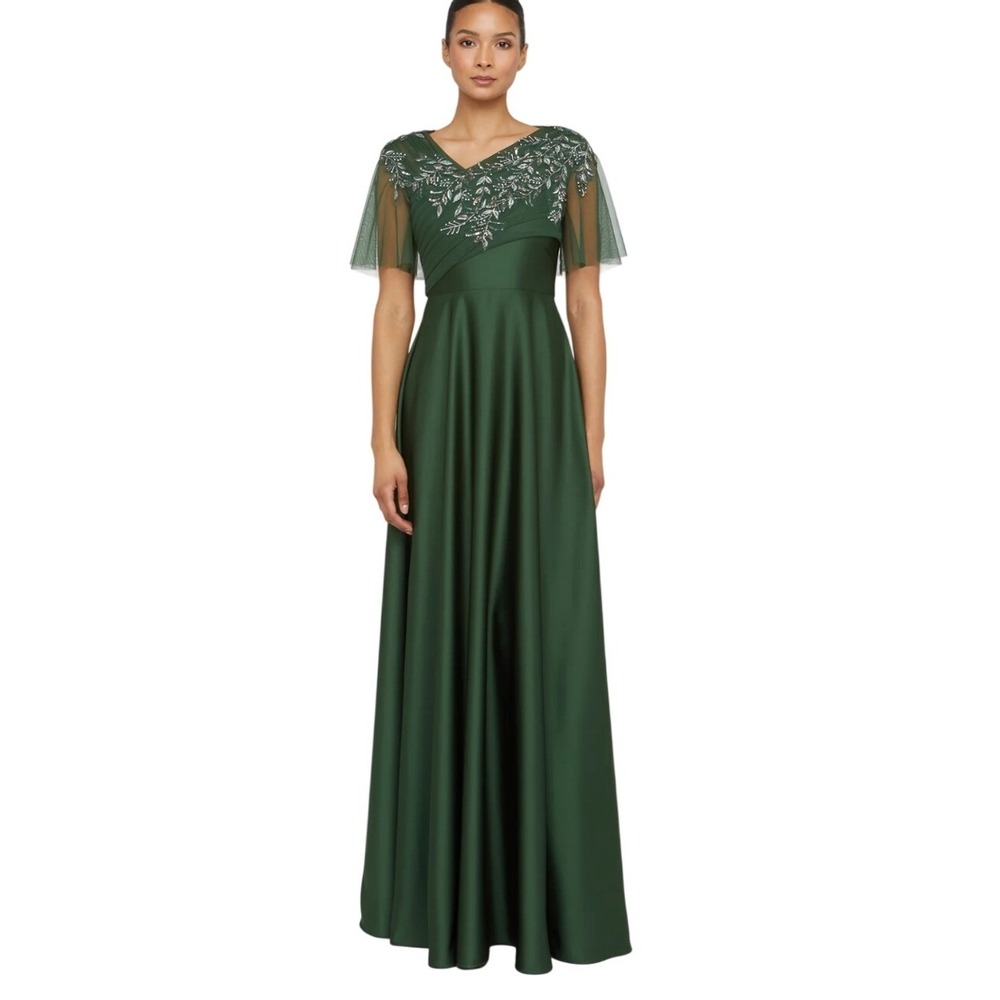 Theia Nerissa Gown Moss Green Beaded A-Line Flutter Sleeve Size 4 NWOT